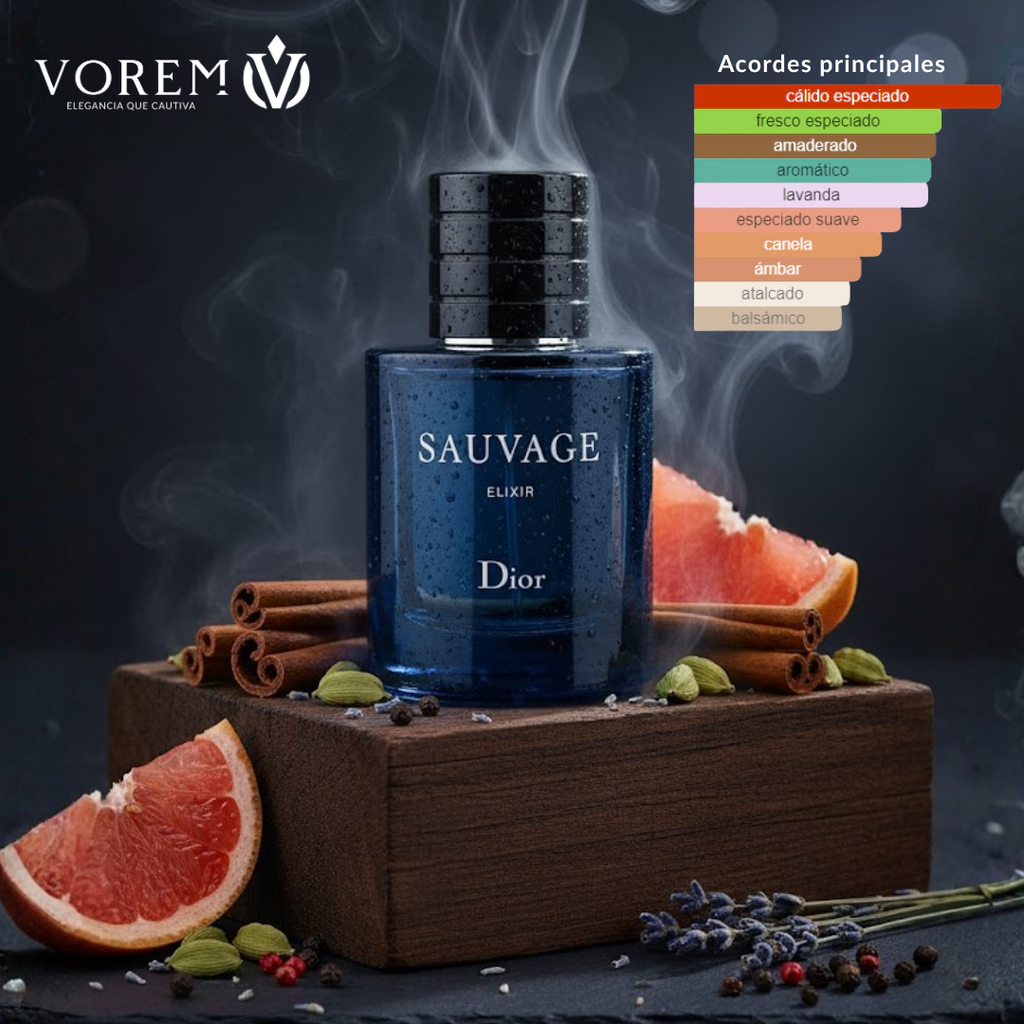 Familia olfativa aromática amaderada especiada del perfume Dior Sauvage Elixir