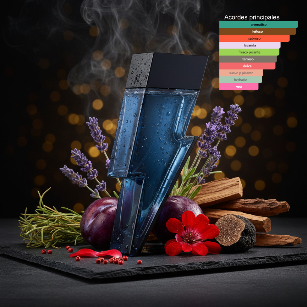 Fragancia amaderada aromática masculina con lavanda y pimienta rosa