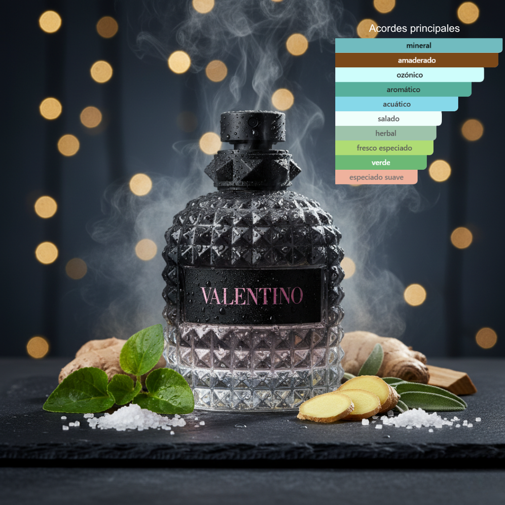 Fragancia amaderada especiada masculina con notas minerales salvia y vetiver