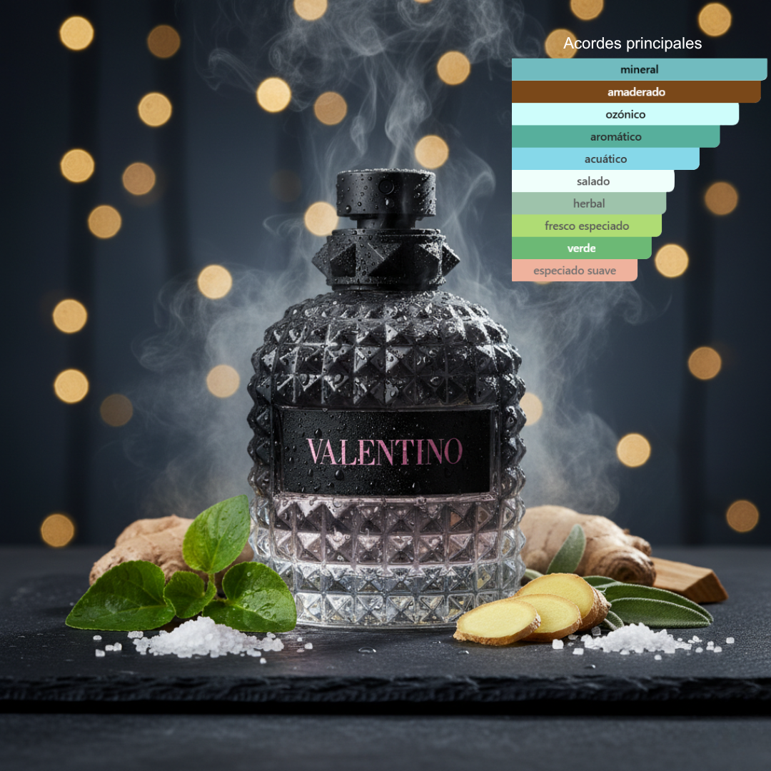 Fragancia amaderada especiada masculina con notas minerales salvia y vetiver