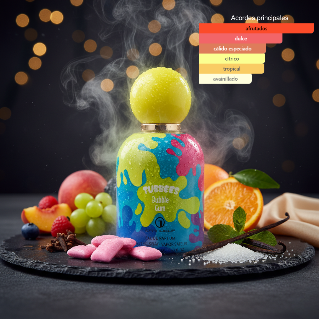 Fragancia unisex con notas frutales goma de mascar y vainilla