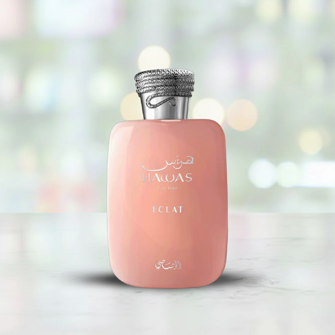 Perfume Hawas For Her Éclat de Rasasi botella fragancia oriental floral para mujeres